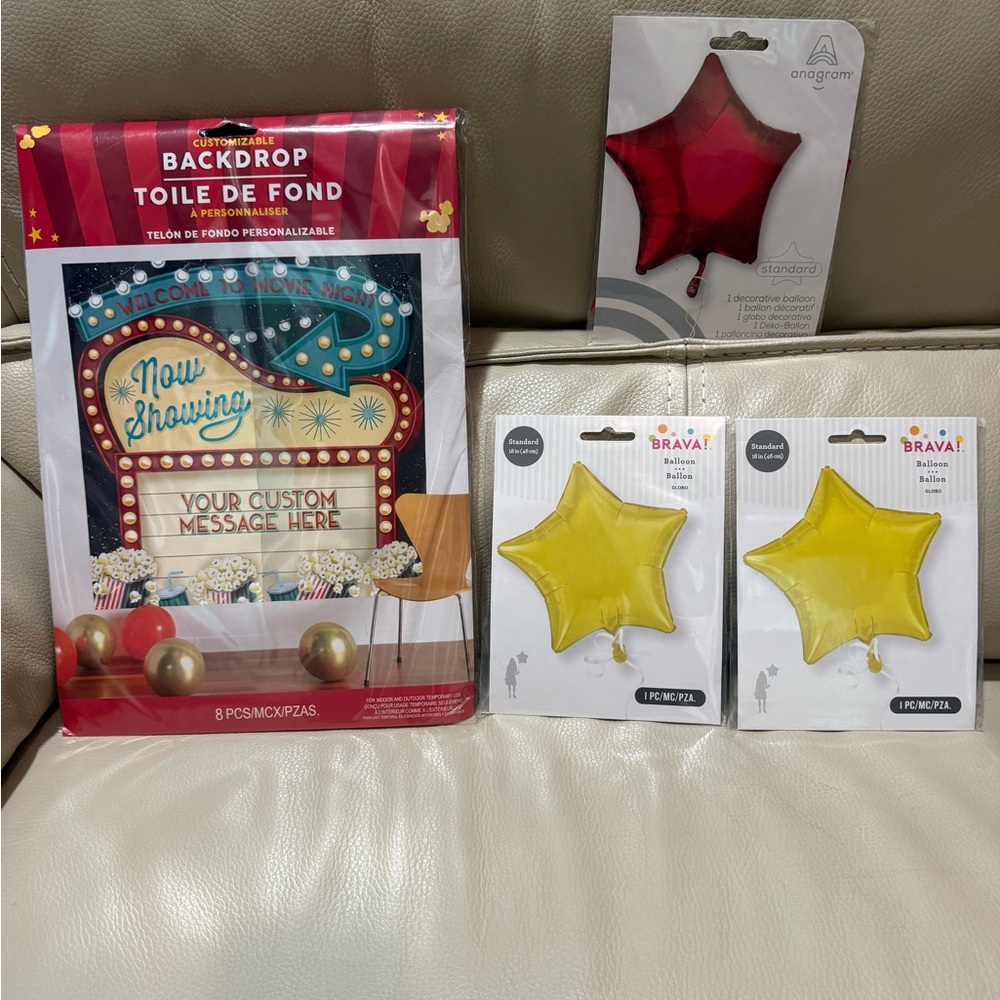 Movie Night Backdrop Set with matching Mylar balloons.